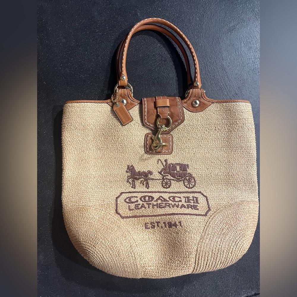 COACH STRAW LOGO TOTE BAG WITH LEATHER
